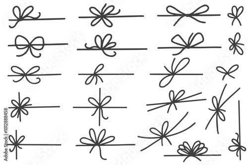 Ribbon bow for gift and present box. Simple hand drawn string with knot. Outline thin rope for package design. Minimal sketch vector elements for decoration on white background