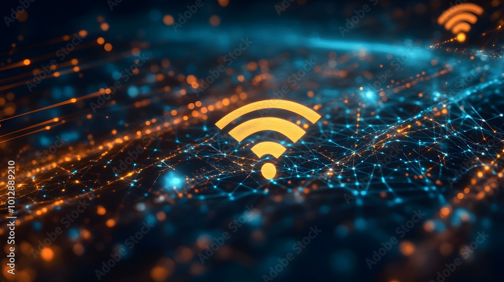 Abstract data background illustrating a wireless network with a prominent WiFi symbol Abstract data background illustrating a wireless network with a prominent WiFi symbol