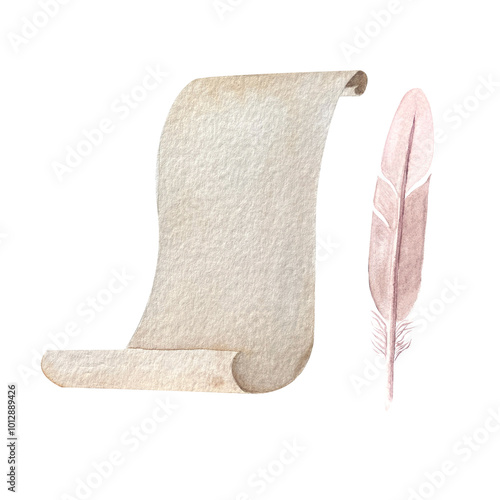 Φωτογραφία A parchment, a quill feather watercolor illustration set isolated on white