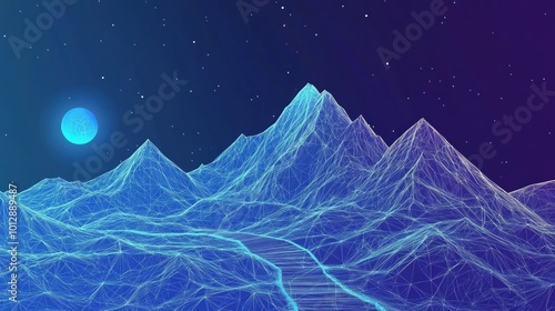 A wireframe mountain range with a bright blue moon in the background and a path leading to the peaks.