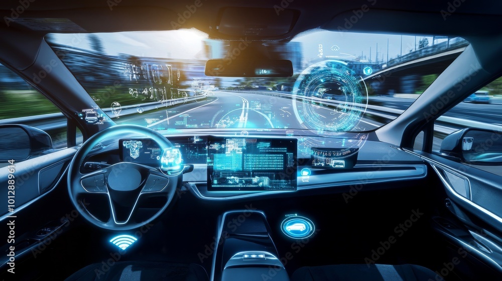 A self-driving car speeding on a highway, featuring an advanced digital dashboard with augmented reality displays and real-time navigation data. The futuristic interior highlights cutting-edge A self-driving car speeding on a highway, featuring an advanced digital dashboard with augmented reality displays and real-time navigation data. The futuristic interior highlights cutting-edge