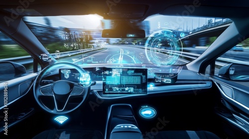 A self-driving car speeding on a highway, featuring an advanced digital dashboard with augmented reality displays and real-time navigation data. The futuristic interior highlights cutting-edge