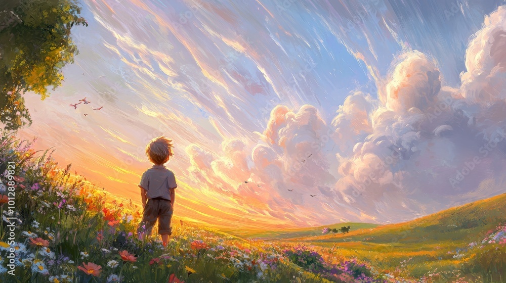 A peaceful scene of a young boy standing in a field of flowers, gazing at a stunning sunset with soft clouds and vivid colors. The idyllic landscape evokes a sense of wonder, serenity, and childhood