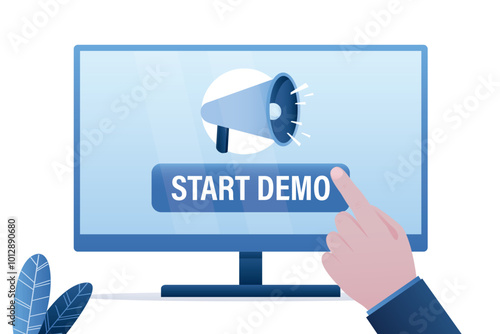 Initial demo version concept. Human hand involves demo of an app or website. Monitor displays content with button and loudspeaker. User experience and trial period. Start demo