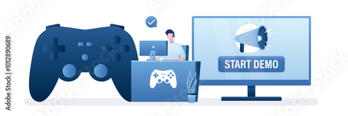 Gamer launch trial version of game to get acquainted. Beta version of new videogame. Giant joystick. Initial demo period concept. Monitor displays content with button and loudspeaker