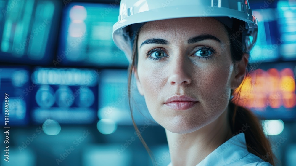 focused woman in hard hat stands in front of digital screens, showcasing her determination and professionalism in high tech environment focused woman in hard hat stands in front of digital screens, showcasing her determination and professionalism in high tech environment