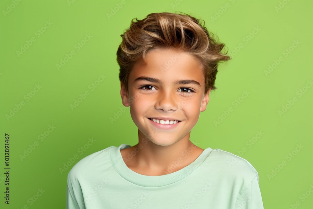 happy boy or teenager in casual clothes smiling at camera over green background happy boy or teenager in casual clothes smiling at camera over green background