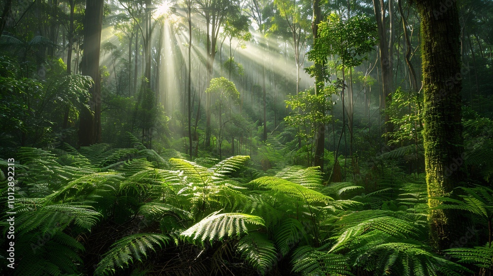 Fototapeta premium Lush green forest with sunlight filtering through trees and ferns on the forest floor