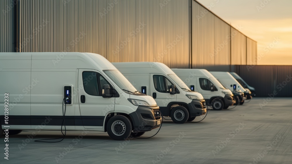Electric delivery vans are parked and charging at modern facility during sunset, showcasing sustainable transportation solution. scene highlights innovation and eco friendliness Electric delivery vans are parked and charging at modern facility during sunset, showcasing sustainable transportation solution. scene highlights innovation and eco friendliness