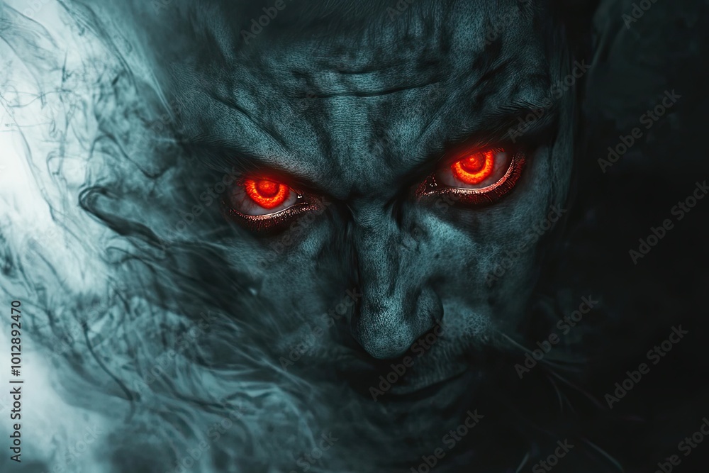 Close-up of a Man with Fiery Red Eyes and Smoke in the Background Close-up of a Man with Fiery Red Eyes and Smoke in the Background
