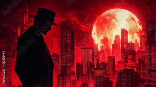 A man in a hat stands in front of a red moon and a cityscape