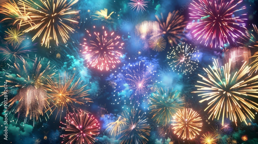 Fireworks display in the night sky, with fireworks blooming. The background is dark blue, and there's space for text Fireworks display in the night sky, with fireworks blooming. The background is dark blue, and there's space for text