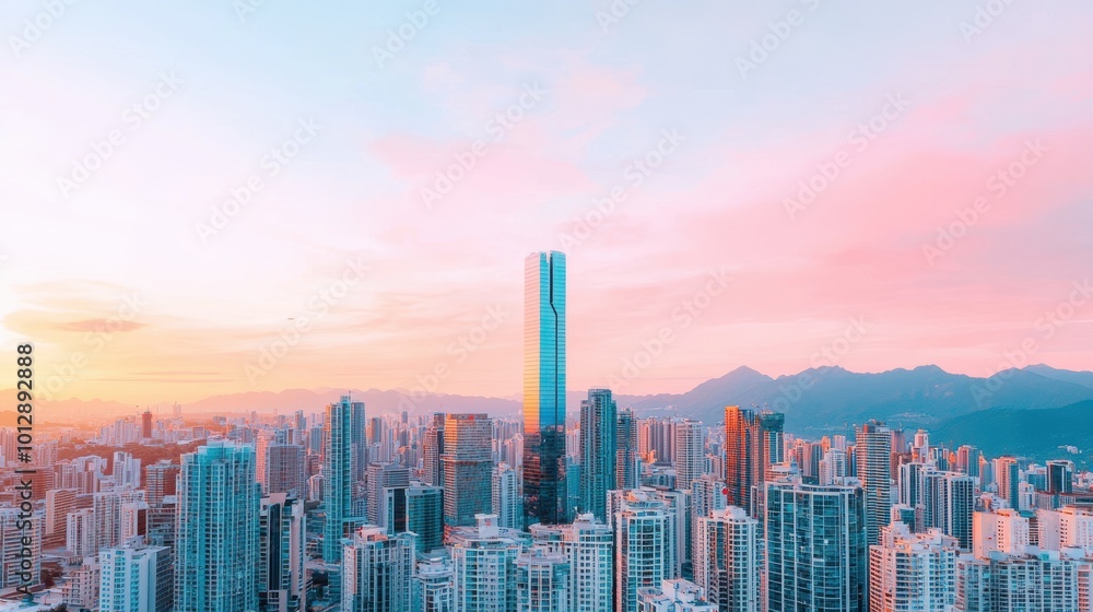Obraz premium stunning cityscape at sunset, showcasing modern skyline with towering buildings and prominent skyscraper. vibrant colors of sky create serene atmosphere