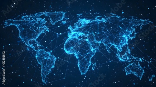 Abstract digital world map, concept of global network and connectivity, featuring elements of artificial general intelligence, high-speed data transfer, and cyber technology