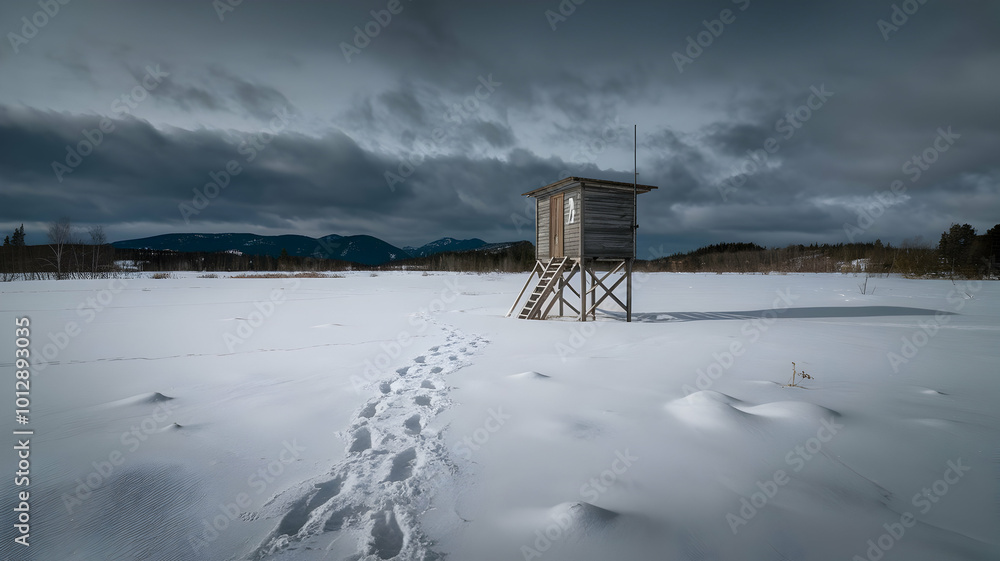 A winter landscape with trees and mountains in the distance on an endless plain covered with snow. A clear sky and white clouds A winter landscape with trees and mountains in the distance on an endless plain covered with snow. A clear sky and white clouds
