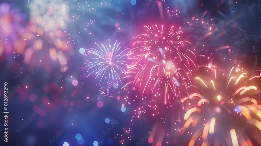Fireworks display in the night sky, with fireworks blooming. The background is dark blue, and there's space for text Fireworks display in the night sky, with fireworks blooming. The background is dark blue, and there's space for text