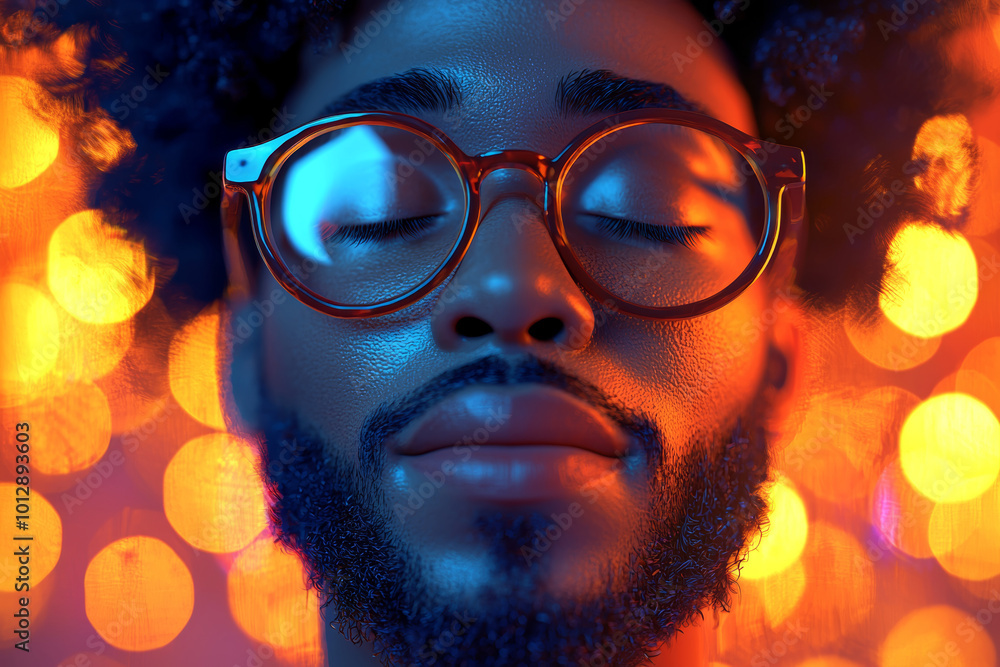 A young man with glasses poses with eyes closed, surrounded by vibrant bokeh lights at a nighttime event A young man with glasses poses with eyes closed, surrounded by vibrant bokeh lights at a nighttime event