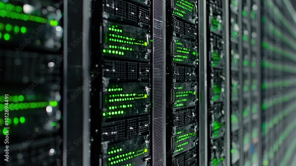 Rows of glowing servers in a data center. Rows of glowing servers in a data center.