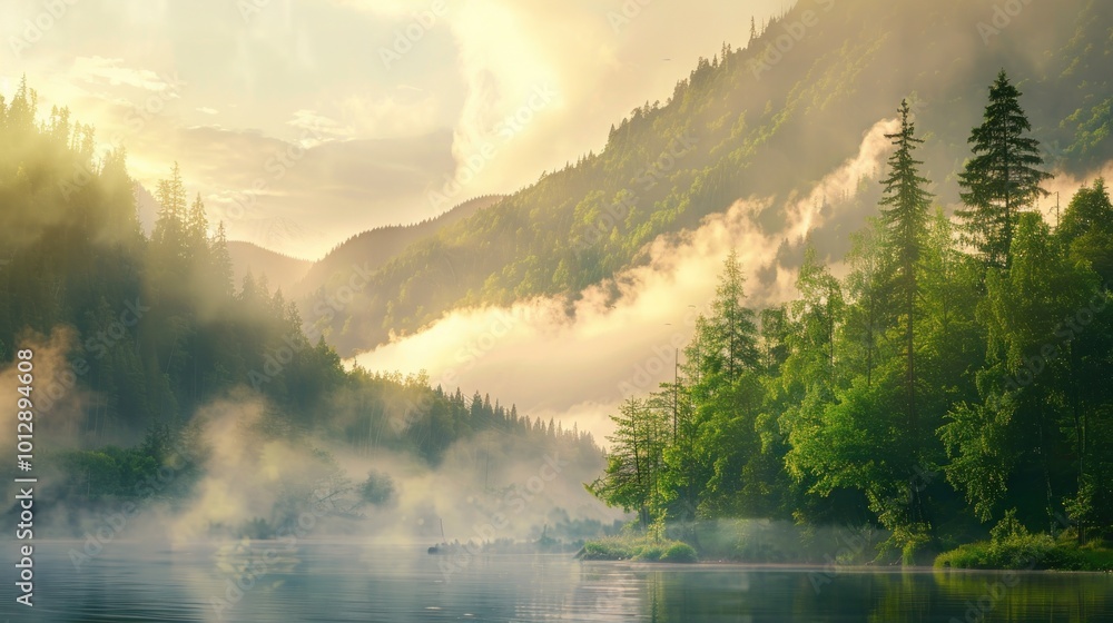 A misty forest with a river running through it A misty forest with a river running through it