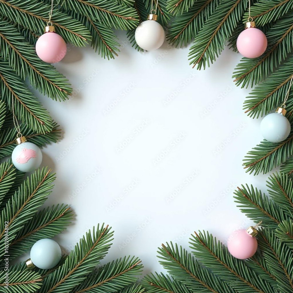 Green pine tree branches with pink and white Christmas ornaments, creating a frame around a blank white space in the center Green pine tree branches with pink and white Christmas ornaments, creating a frame around a blank white space in the center