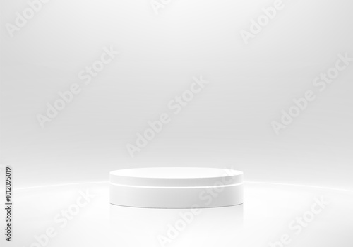 3D round white podium with neon lighting curve lines background. Abstract geometric composition minimalist design. Studio display showroom stand product pedestal, Fashion stage showcase mockup scene.