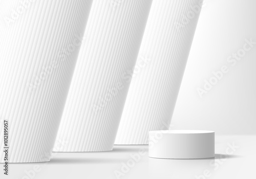 3D white round podium with white huge pillars wall background. Abstract geometric composition in minimalist design. Studio display showroom stand product pedestal, Fashion stage showcase mockup scene.