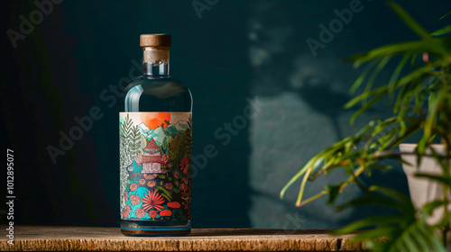 Artisan bottle with vibrant label displayed on wooden surface in softly lit indoor setting photo