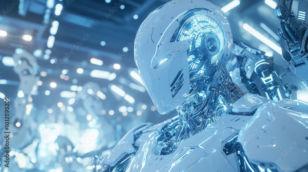 Futuristic Ray Tracing Hostile AI Concept Art of Towering AI Robot Commanding Factory Scene Futuristic Ray Tracing Hostile AI Concept Art of Towering AI Robot Commanding Factory Scene