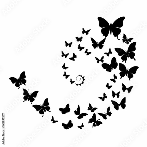 A graceful swarm of black butterflies in silhouette, with various sizes, flying upward in a gentle spiral pattern on a white background. The composition shows a sense of movement and lightness, 