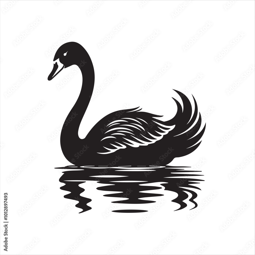 Naklejka premium black swan on white,swan, bird, animal, vector, illustration, water, silhouette, symbol, love, lake, nature, art, duck, birds, cartoon, drawing, feather, black, beak, icon, design, wing, swimming, swa