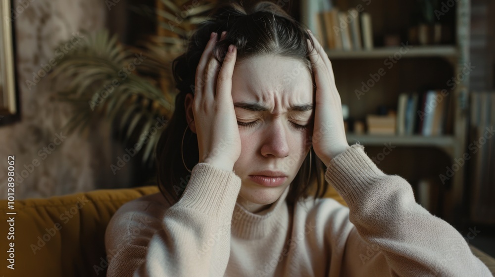 A woman is sitting on a couch with her hands on her head A woman is sitting on a couch with her hands on her head