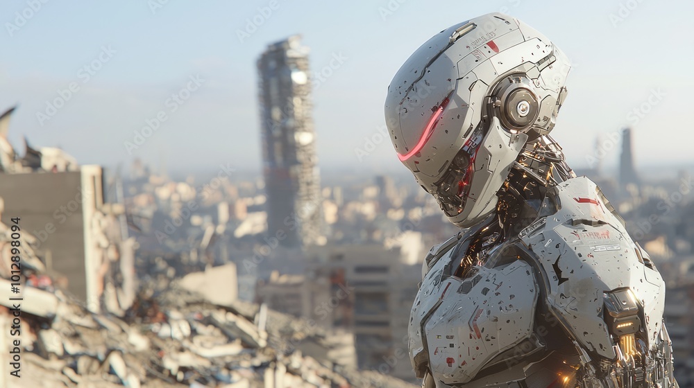 The Sentinel: Futuristic Hostile AI Robot Overlooking Devastated City in Ray Tracing Concept Art The Sentinel: Futuristic Hostile AI Robot Overlooking Devastated City in Ray Tracing Concept Art