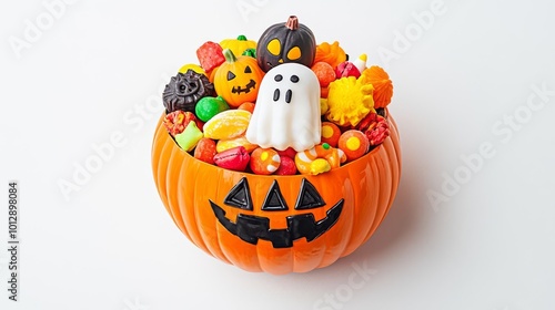 Halloween-themed candy bowl with assorted colorful candies, shaped like pumpkins, ghosts, and more on white background. photo