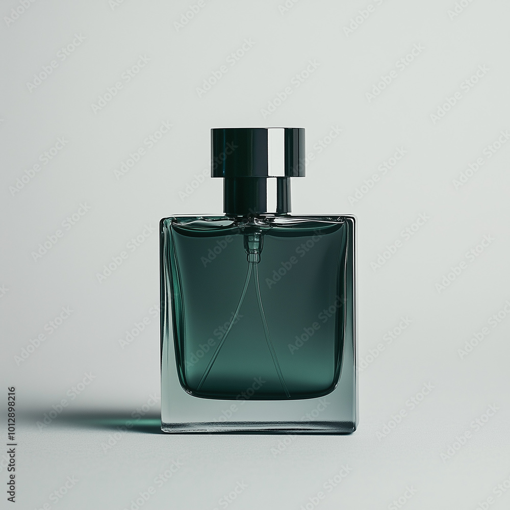 A dark green bottle of perfume against light grey background