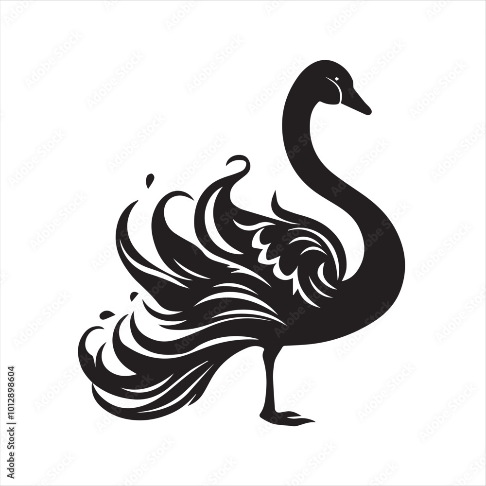 Obraz premium black swan on white,swan, bird, animal, vector, illustration, water, silhouette, symbol, love, lake, nature, art, duck, birds, cartoon, drawing, feather, black, beak, icon, design, wing, swimming, swa