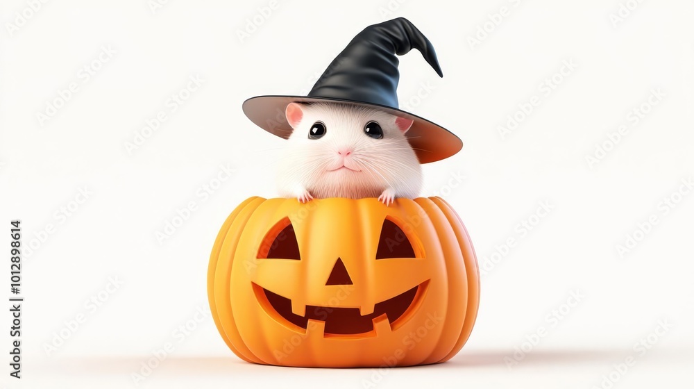 Cute white mouse in a witch hat peeking out of a carved pumpkin. Adorable Halloween-themed animal photo on white background. Cute white mouse in a witch hat peeking out of a carved pumpkin. Adorable Halloween-themed animal photo on white background.