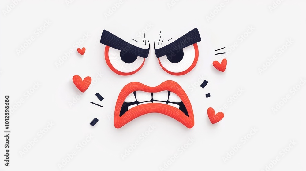 Cartoon angry face with a furious expression, surrounded by heart symbols, showcasing a blend of anger and love. Cartoon angry face with a furious expression, surrounded by heart symbols, showcasing a blend of anger and love.