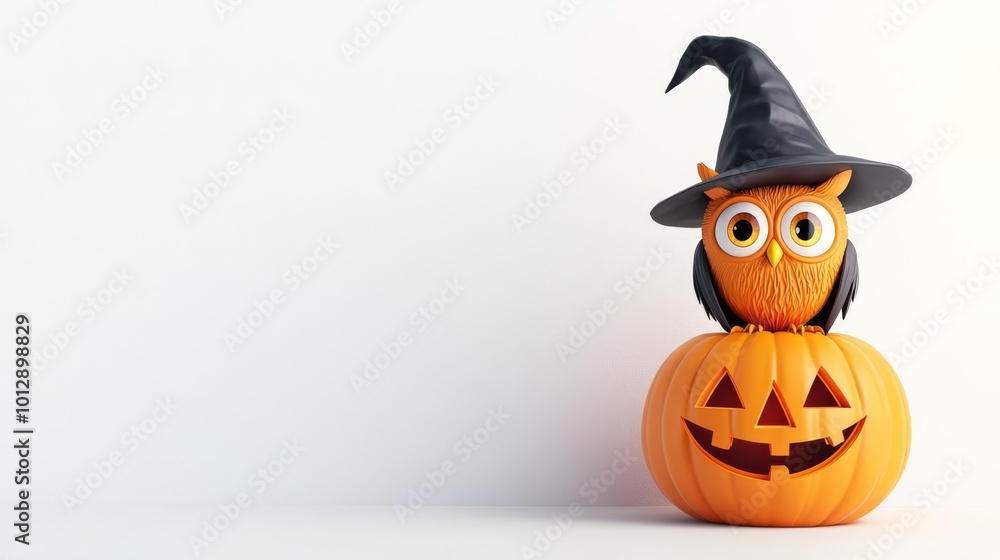 A whimsical Halloween decoration featuring an owl in a witch hat sitting on a carved pumpkin with a smiling face against a white background. A whimsical Halloween decoration featuring an owl in a witch hat sitting on a carved pumpkin with a smiling face against a white background.