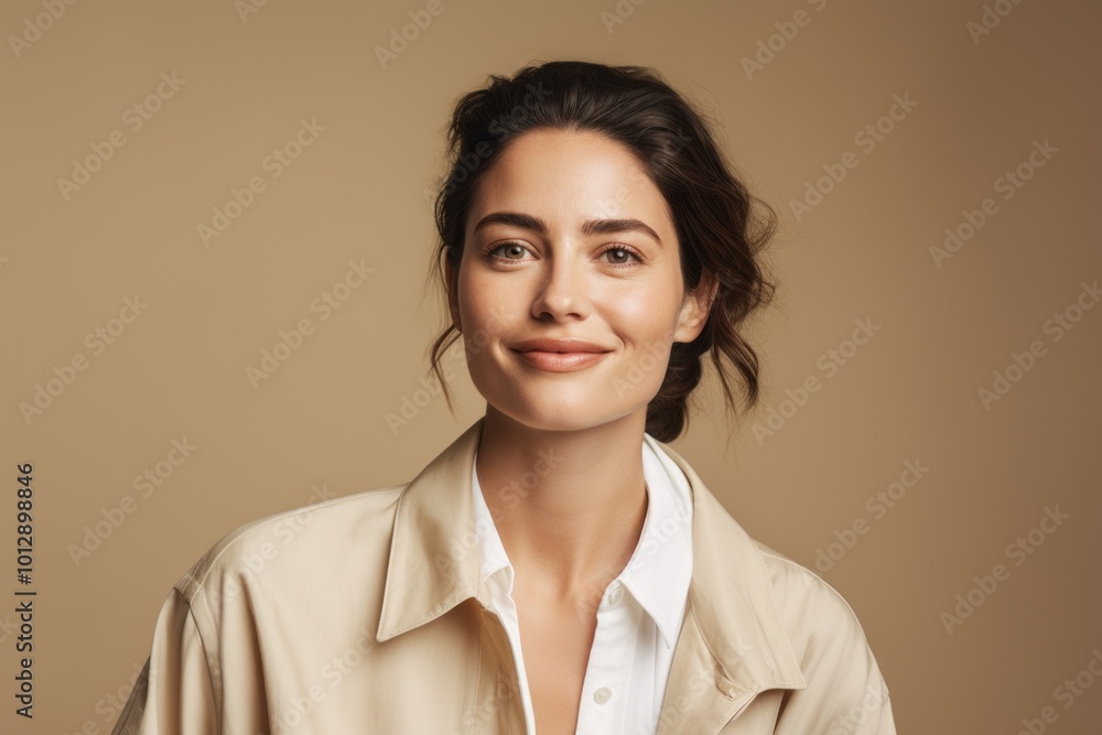 Portrait of a smiling young woman in beige shirt. Studio shot. Portrait of a smiling young woman in beige shirt. Studio shot.