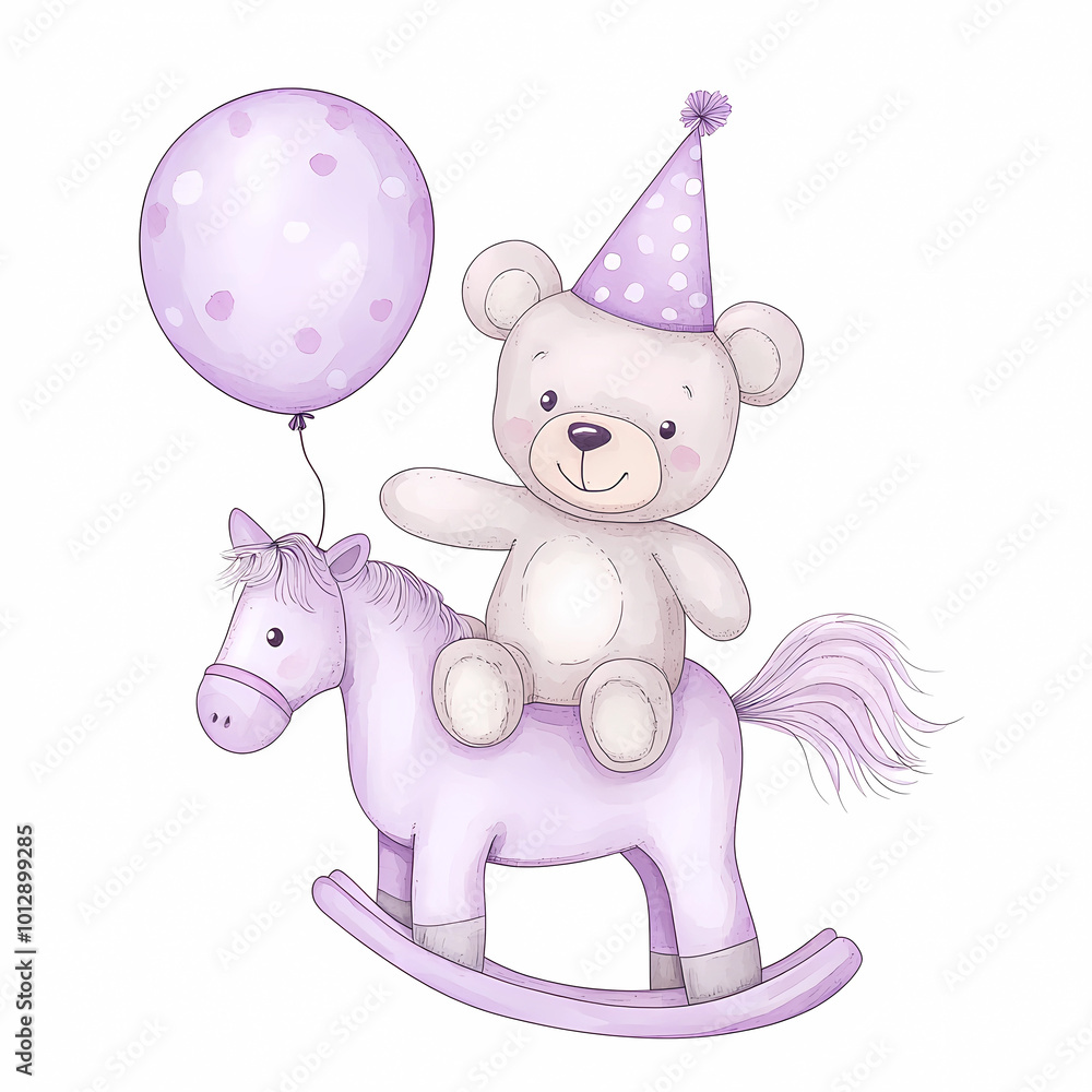 Fototapeta premium Cute Birthday Design: Teddy Bear on Pony with Balloon, generated ai