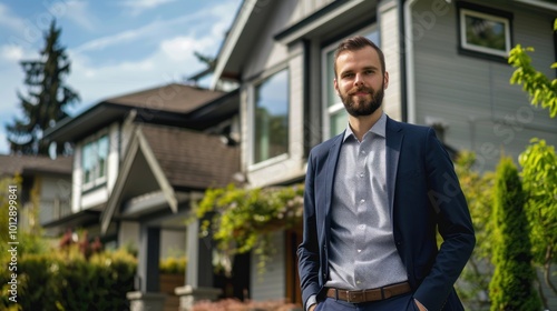 A man in a suit and tie stands in front of a house with a smile on his face