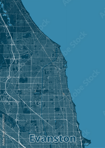 Map of Evanston, Illinois, rendered in a minimalist style. The map features a dark blue background with white lines representing streets and roads.