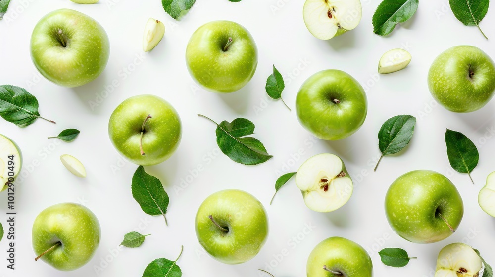 A close up of green apples with leaves scattered around them A close up of green apples with leaves scattered around them