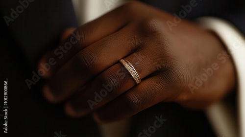 Close-up of a hand wearing a beautiful wedding ring, symbolizing love and commitment in elegant fashion.