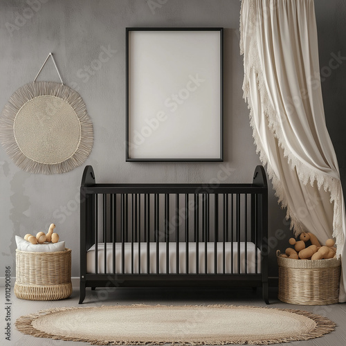 Kids room with crib, white wall frame for drawing, mockup, canvas, design. AI generation.
