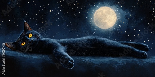 A black cat with yellow eyes lies under a full moon and a starry night sky. photo