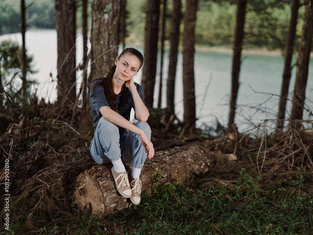 Naklejka premium Thoughtful young woman sitting on a log near a serene lake, dressed casually in gray attire, surrounded by lush greenery and tall trees Nature and relaxation concept