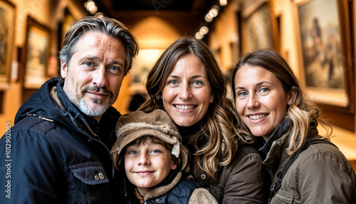 A family at the exhibition looking at the camera