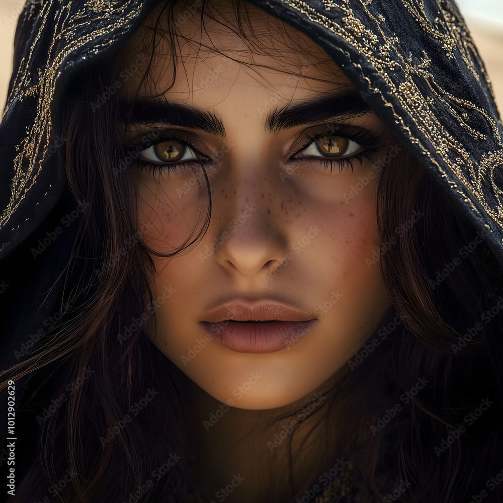 Middle Eastern woman with golden eyes framed by embroidered fabric, intense stare. Middle Eastern woman with golden eyes framed by embroidered fabric, intense stare.