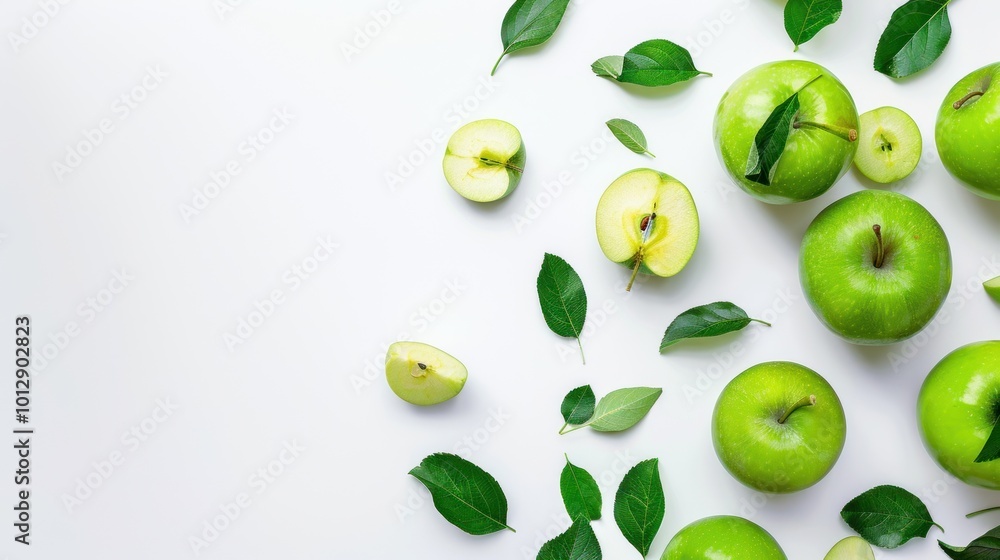 A close up of green apples with leaves scattered around them A close up of green apples with leaves scattered around them